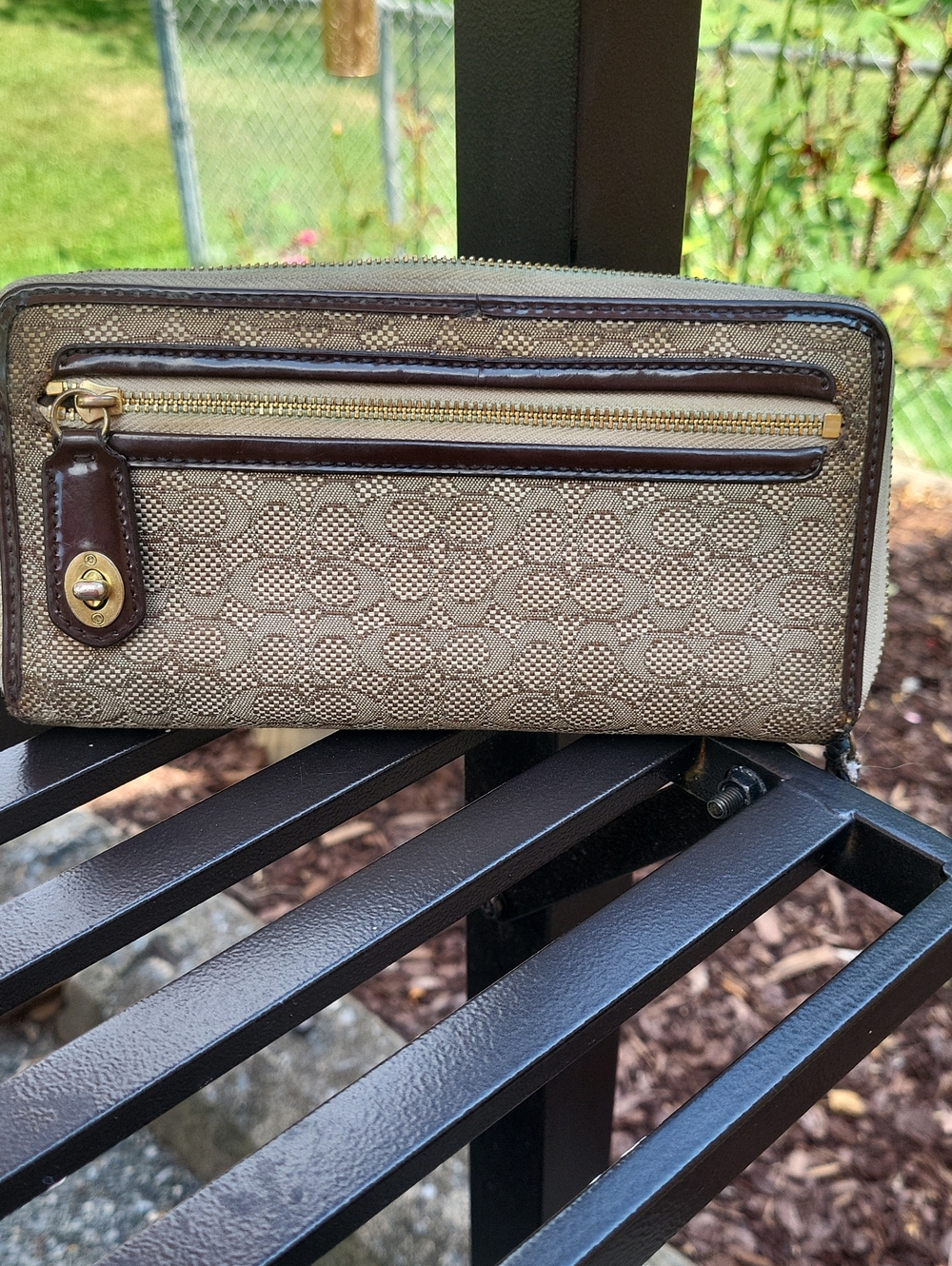 Coach Beige Signature Canvas Wallet with Brown Trim and Gold Hardware